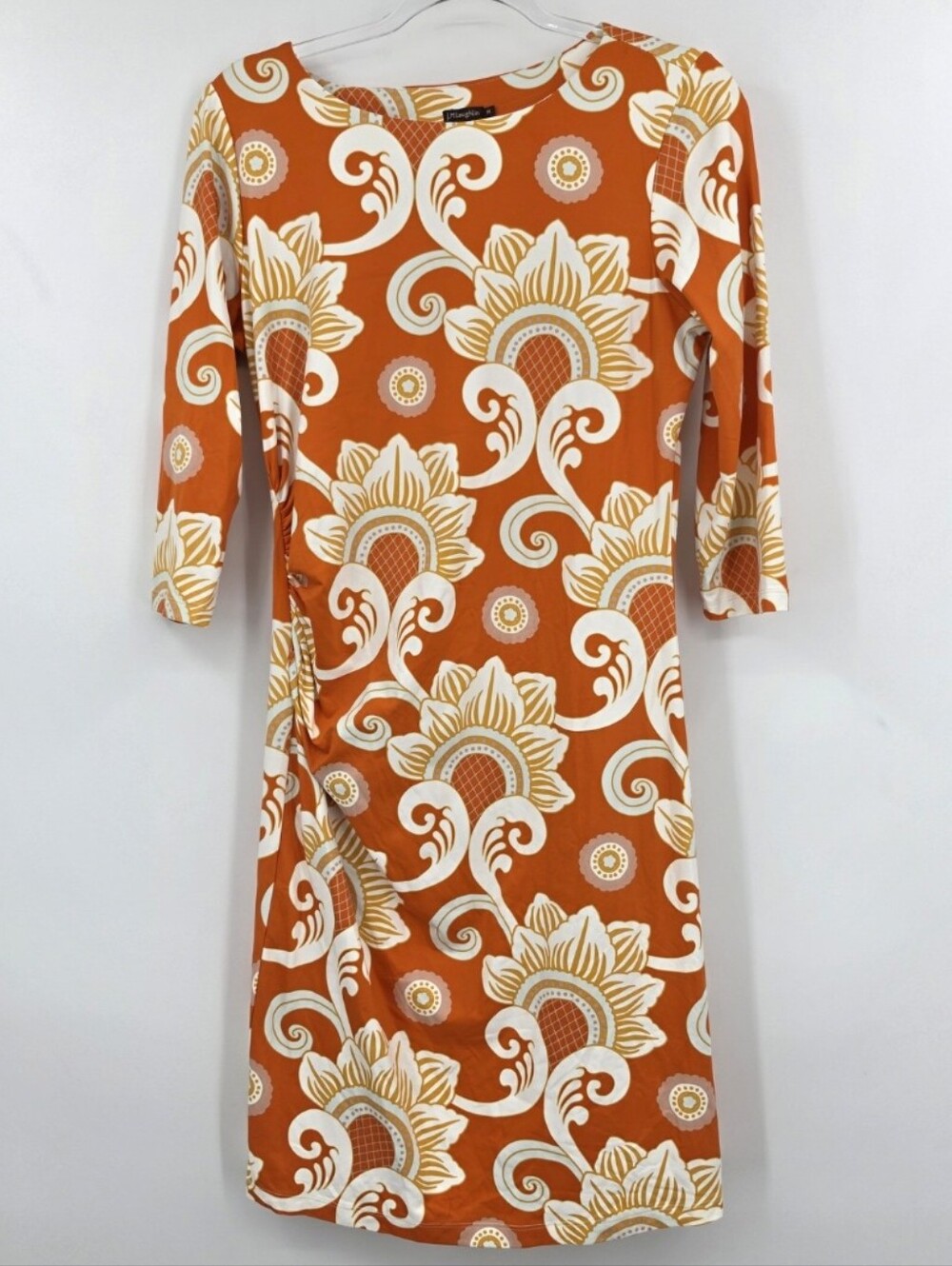 J McLaughlin Catalina Cloth Sheath Dress Elora Medium Orange Damask 3/4 Sleeve